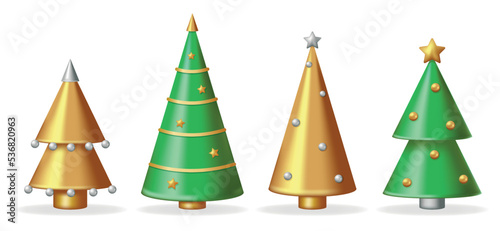 Set of glossy triangular decorated Christmas trees. 3d green and gold fir trees wih balls isolated on white background. Traditional Xmas indoor decor. Realistic vector illustration.