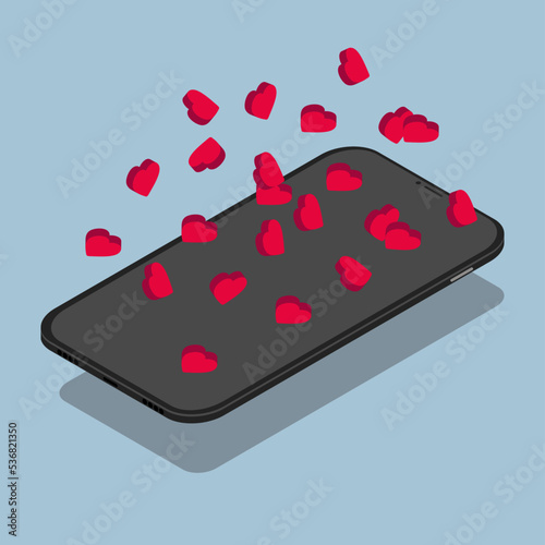 Smartphone. Isometric phone. 3D smartphone. Smartphone and falling hearts. Colored illustration on blue background
