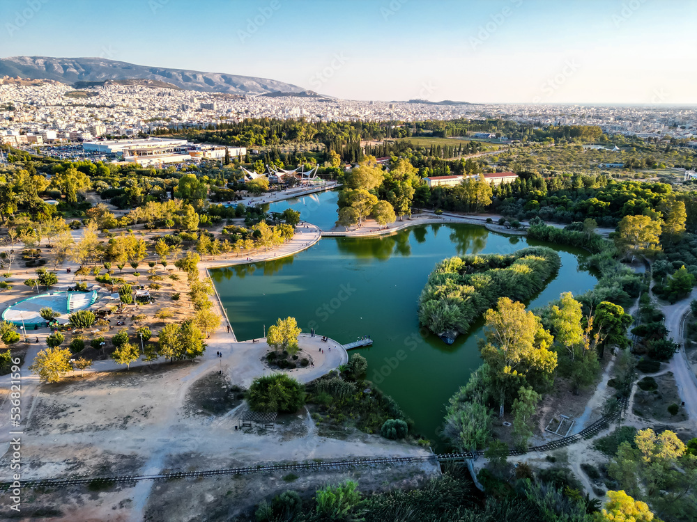 Aerial photo of the lake at the Tritsi Park in Agioi Anargiroi area of Athens, Greece