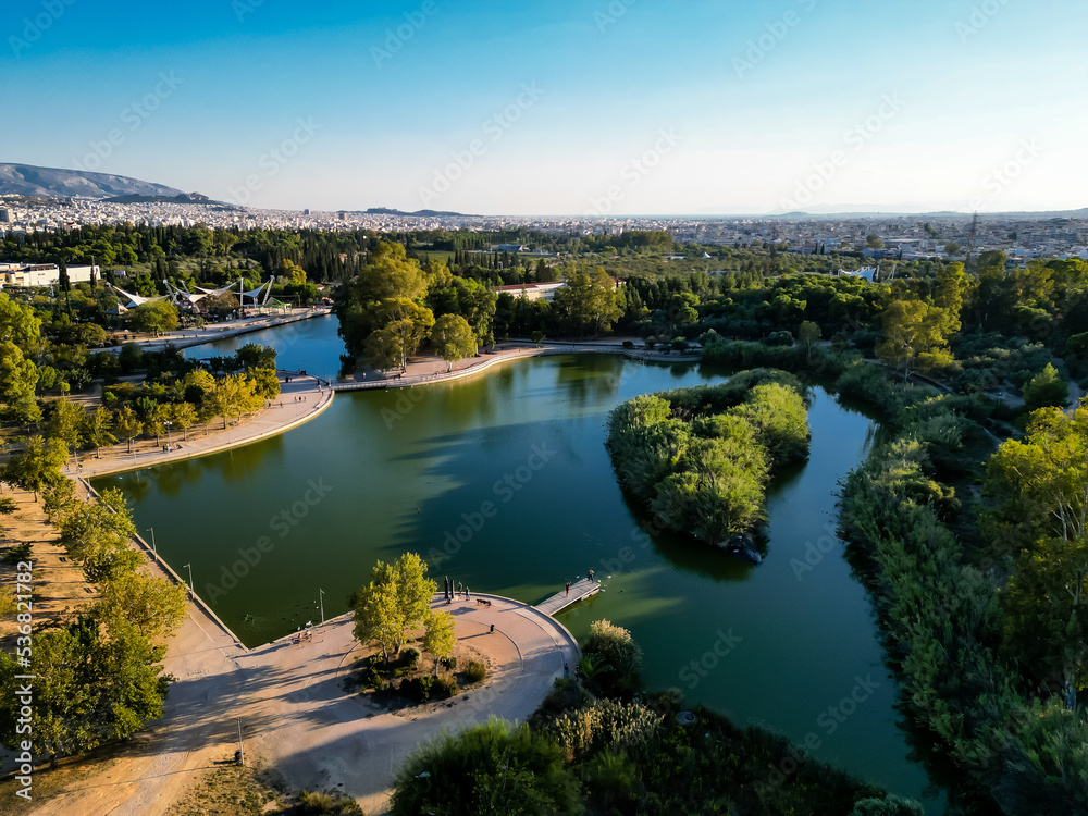 Aerial photo of the lake at the Tritsi Park in Agioi Anargiroi area of Athens, Greece