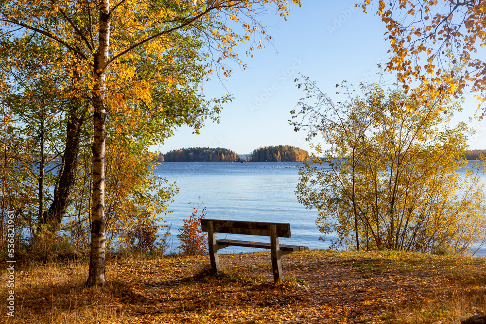 Autumnal scenery on the lake shore with empty bench. Autumnal scenery on the lake shore with empty bench.