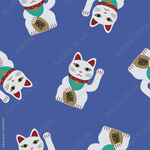 Japanese maneki cats seamless pattern. Asian lucky symbols. Vector Illustration