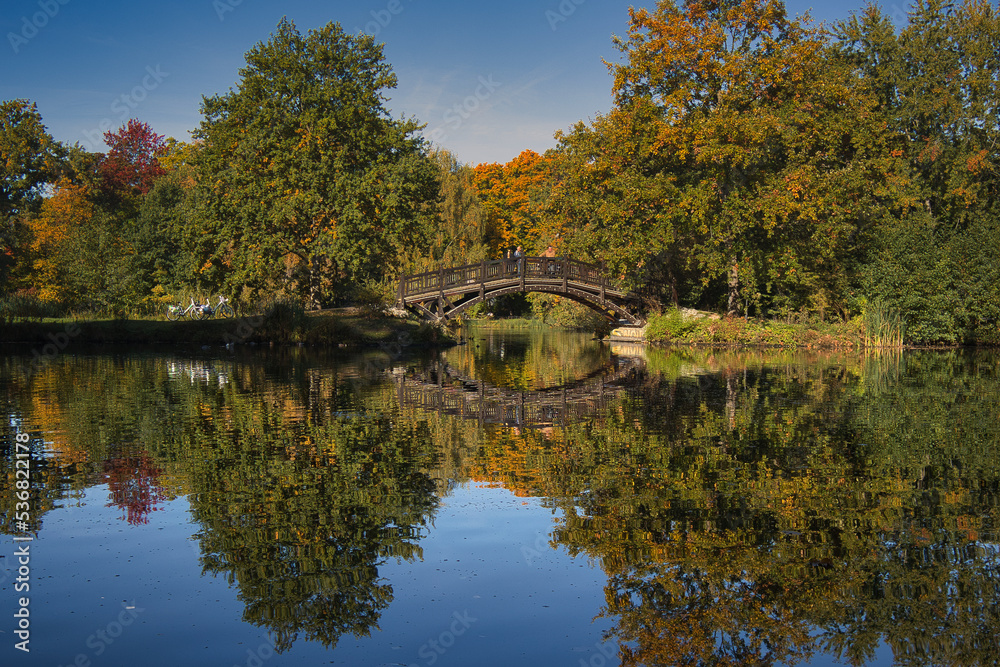 Romantische Holz Brücke am Teich in Johanna Park, Ufer mit Schilf, Leipzig, Sachsen, Deutschland Romantische Holz Brücke am Teich in Johanna Park, Ufer mit Schilf, Leipzig, Sachsen, Deutschland