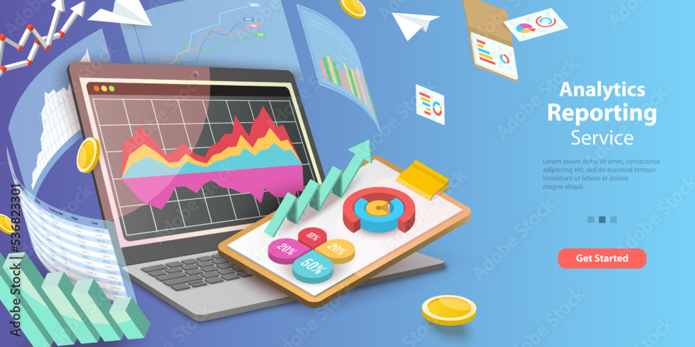 3D Vector Conceptual Illustration of Analytics Reporting Service, Financial Fata Analysis