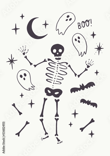 Vintage Halloween Vector Illustration with Dancing Skeleton Surrounded by Bones, Moon, Stars and Bats. Isolated on Off White Background. Hand Drawn Simple Design. Great for Posters, Cards or Wall Art.
