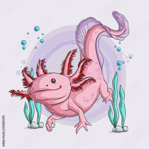 Hand drawn cute Axolotl Ambystoma mexicanum swimming isolated on white background