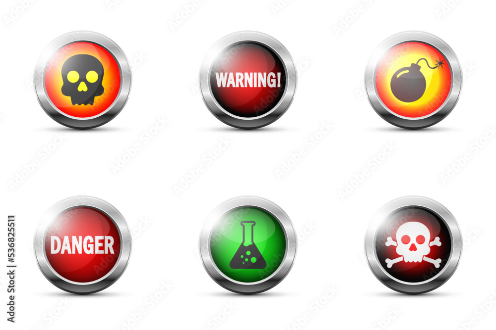Set of colored glossy buttons with danger signs. Skull icon. Bomb sign. Crossbone symbol. Flat vector illustration. Set of colored glossy buttons with danger signs. Skull icon. Bomb sign. Crossbone symbol. Flat vector illustration.