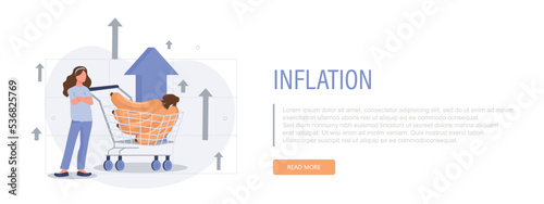 Inflation illustration banner. Characters buying food in supermarket and worries about groceries rising price. Consumer price index growth and financial crisis concept. Vector illustration.