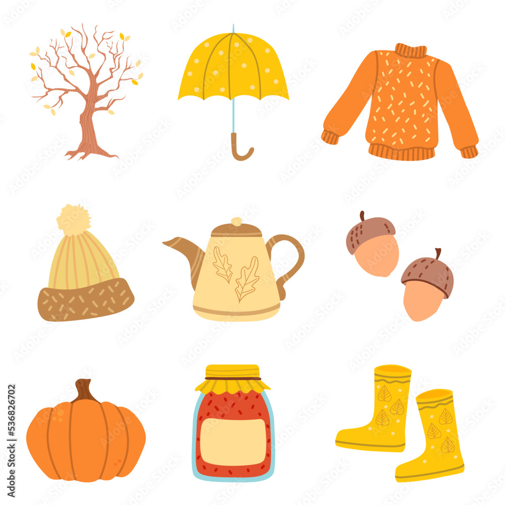 Autumn set: pumpkin, sweater, tree, kettle, acorn, umbrella. Scrapbook collection of fall season elements. Vector illustrations isolated on white background. Autumn set: pumpkin, sweater, tree, kettle, acorn, umbrella. Scrapbook collection of fall season elements. Vector illustrations isolated on white background.