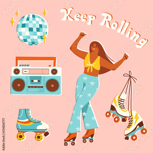 Roller skating girl in star print flare pants, roller skates, disco ball and boombox. Vector illustration of roller disco concept. Hand drawn elements in colorful retro style.