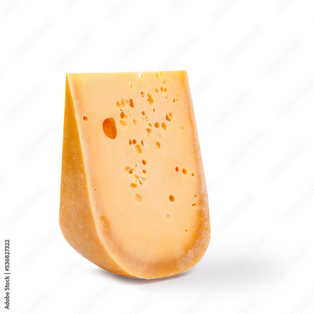 A piece of emmental cheese isolated on a white background with a shadow