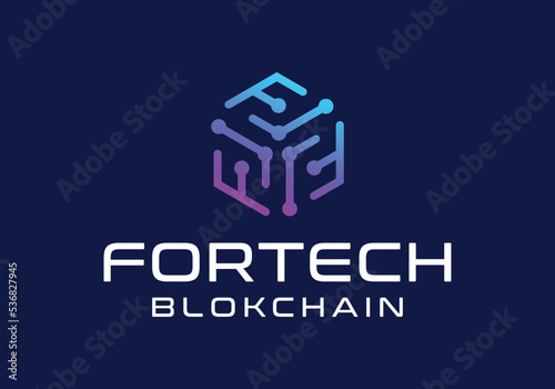 Blockchain network technology letter F logo design