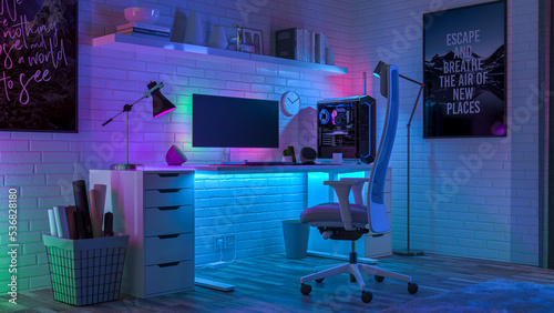 Working desktop surrounded by colored led lights. 3D render photo