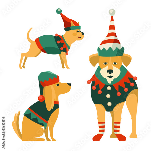 Christmas Dogs collection. Funny doggy in festive elf costume vector illustration. Santa helpers dog puppies group in elves clothes isolated. Christmas celebration, New Year masquerade background