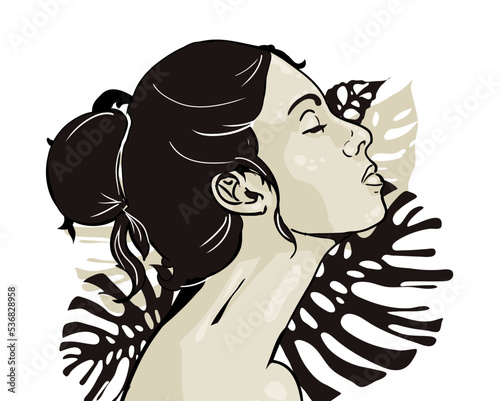 Profile of woman with monstera leaves, girl profile - vector illustration