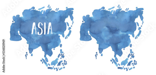 Watercolour illustration set of Asia Continent Map in two variation: blue blank template and with text lettering. Hand drawn water color drawing on white backdrop, cut out clip art element for design.