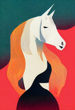 Illustration of a white unicorn isolated on a blue and red background