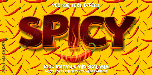 Red Spicy text effect - Editable text effect. Vintage font with a grunge effect, handwritten font and alphabet. Vector illustration. Chili pepper, hot, burns with fire on red peppers yellow background