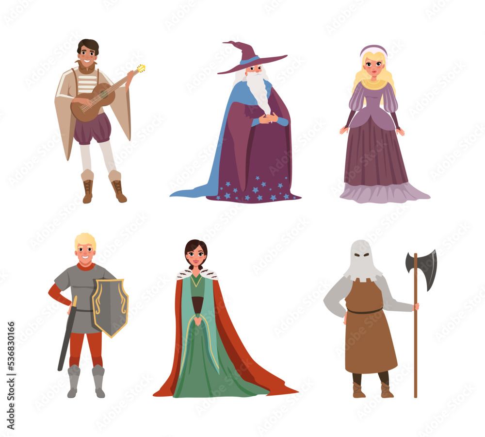 Medieval People Characters with Bard, Wizard, Queen and Executioner in Mask Vector Illustration Set