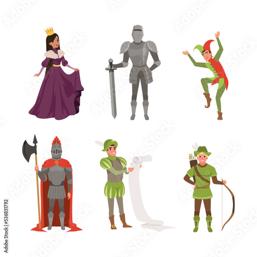 Medieval People Characters with Queen, Knight in Armour, Jester, Archer and Herald Vector Illustration Set