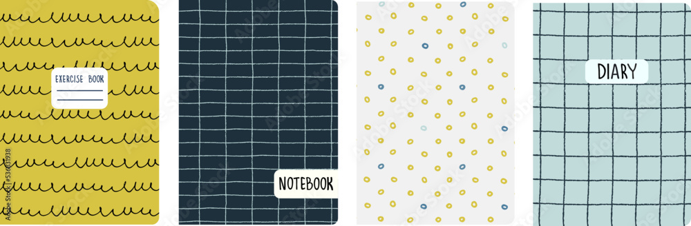 Set of cover page templates based on grid seamless patterns, spiral lines, polka dot pattern. Plaid backgrounds for school notebooks, diaries. Headers isolated and replaceable