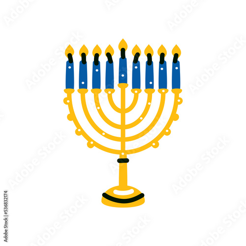Hanukkah menorah candelabrum with nine lit candles flat vector. Hanukka menorah isolated on white