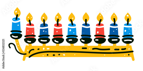 Hanukkah menorah candelabrum with nine lit candles flat vector. Hanukka menorah isolated on white