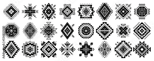 Aztec abstract geometric elements. Set of ethnic ornaments. Tribal design, geometric symbols for tattoo, cards, decorative works for design logo, cards, backgrounds. Navajo motifs