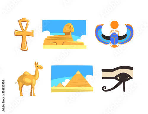 Egyptian Symbols with Sphinx, Scarab Beetle, Ankh, Pyramid, Camel and Eye of Horus Vector Set