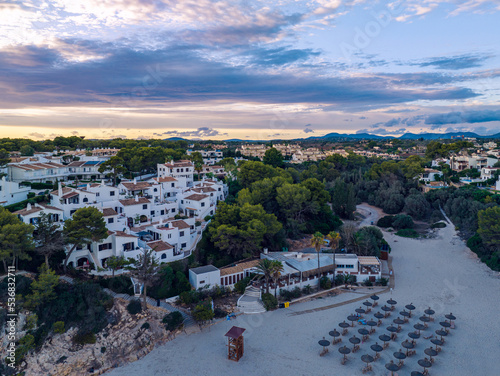 Sunset over Cala Anguila-Cala Mendia from a drone, Porto Cristo, Majorca, Spain, Europe photo