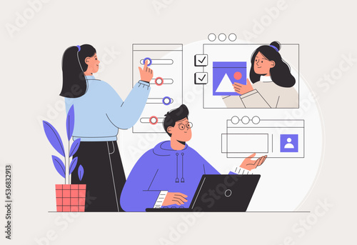 Young man designer working on ui ux design or mobile application prototyping banner. Software developers. Freelancer working on web and application development on computers. Flat style vector.