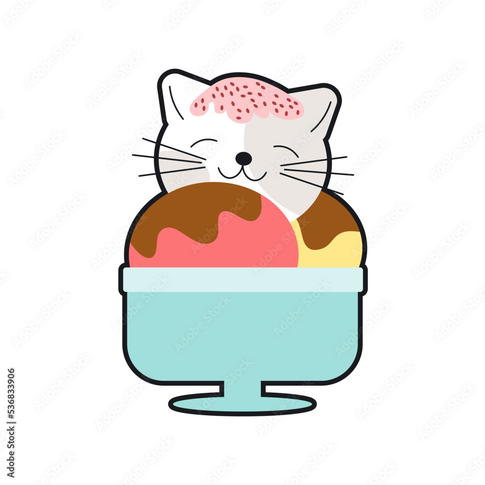 Hand drawn kawaii cat ice cream. ice cream ball in the form of round ...