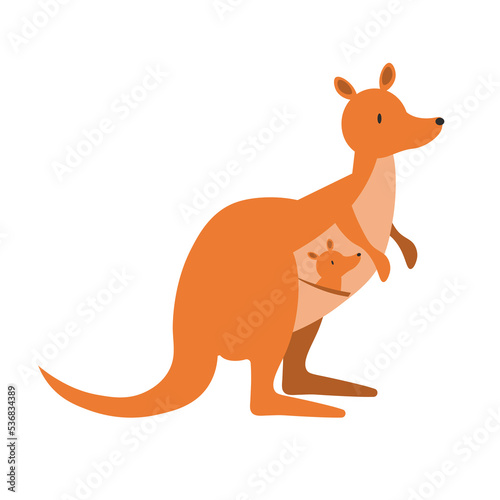 Funny brown kangaroo with cute baby and red heart. Australian marsupials hand drawn vector illustration. Animals wildlife mom and baby. Adorable character in flat style. EPS