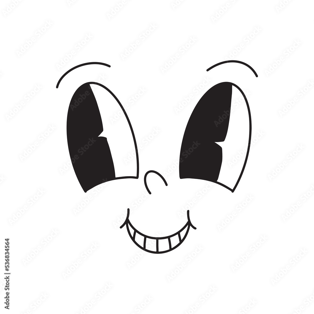 Retro cartoon comic happy face with smile. Simple black ink doodle face with eyes, nose. Vintage old 30s mascot character head mimics drawing. Retro cartoon comic happy face with smile. Simple black ink doodle face with eyes, nose. Vintage old 30s mascot character head mimics drawing.