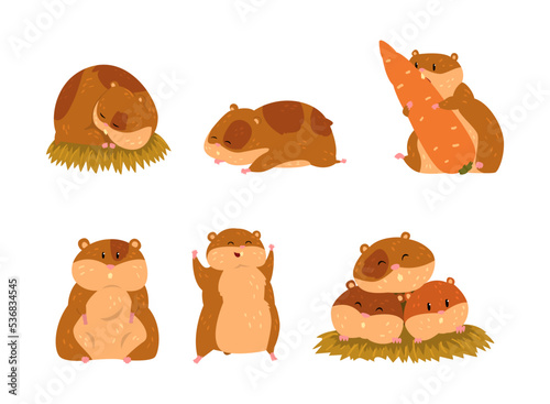 Cute Hamster as Small Pet with Cheek Pouches Engaged in Different Activity Vector Set