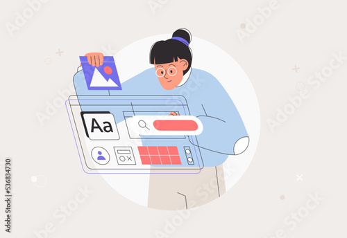 Business concept illustrations. Software development tools. Woman working on web and application development on computers. Woman character working on website application, ui ux design and programming.