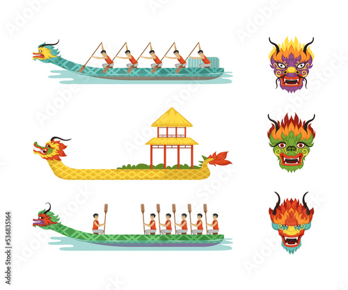 Dragon Boat Festival with Participants Taking Part in Racing Using Paddle and Mask Vector Set