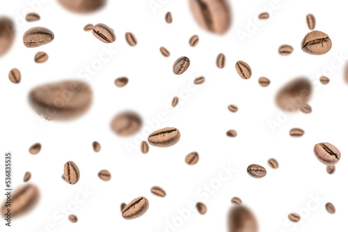Coffee beans flying background. Black espresso grain falling on white. Rustic coffee bean fall isolated. Represent breakfast  energy  freshness or great aroma concept.