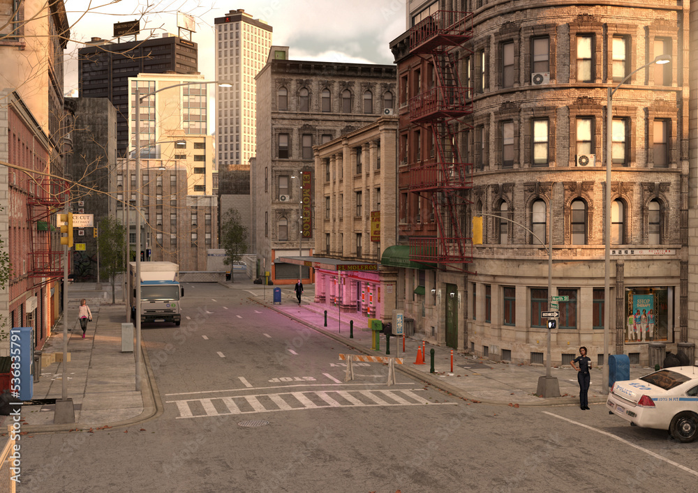A 3d digital render of a city environment in the evening with a closed off side street and people walking home.
