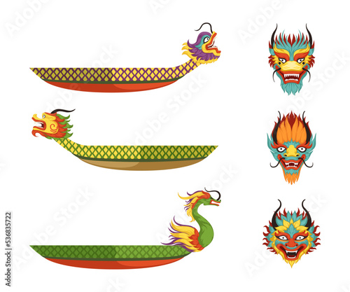 Dragon Boat as Chinese Wooden Watercraft Vector Set