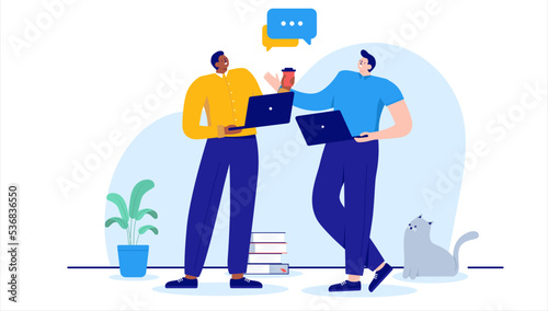 Dialogue at work - Two business people in casual clothes talking, discussing and having conversation with speech bubbles. Flat design vector illustration with white background