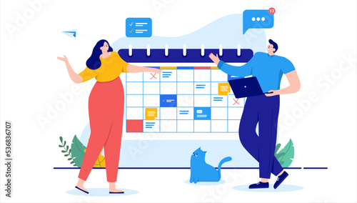 Calendar planning - Two business people making schedule for work tasks and project. Flat design vector illustration with white background