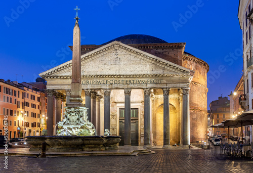 Ancient Pantheon building in Rome at night, Italy