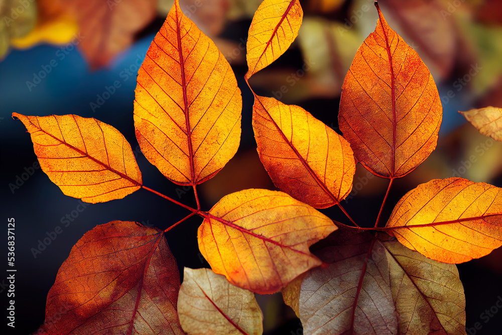 Fototapeta premium Autumn Leaf. Colorful background of multicolor leaves with natural light. Ai generated image