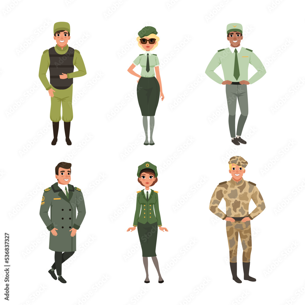 Man and Woman Standing in Military Uniform Vector Set Man and Woman Standing in Military Uniform Vector Set