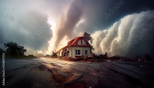 Ai generated image of an house hit by hurricane. Extreme Weather. Insurance House photo