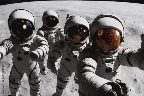 Group of astronauts make a selfie In the space, explores of the galaxy. First archiwal epic photography. Deep space In the background. Advanced modern space suit. Illustration 3D, SCFI concept art