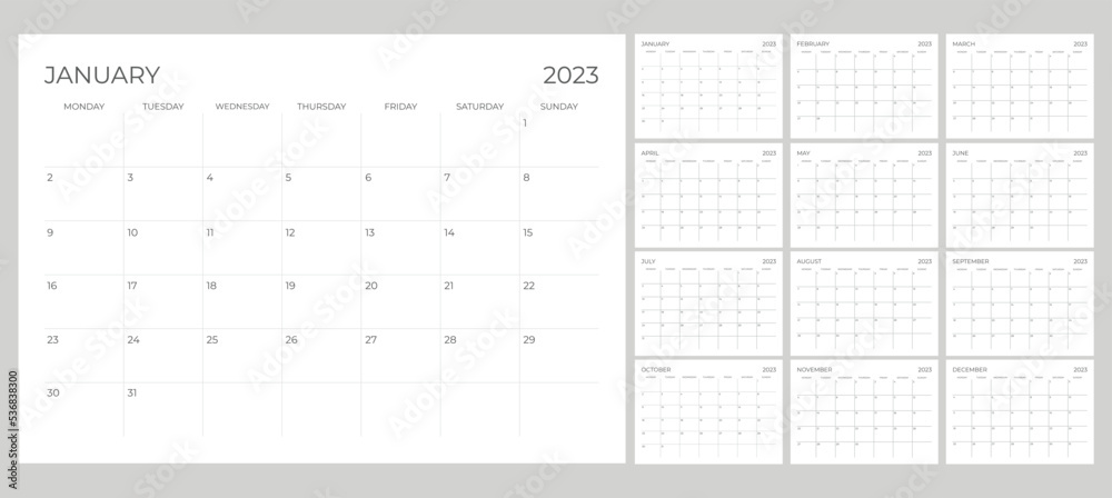 2023 Calendar Printable start from monday - obrazy, fototapety, plakaty 