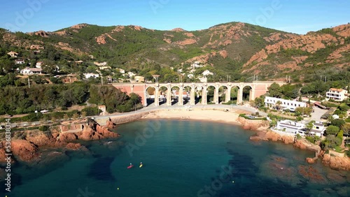 Aerial flight over Viaduc d'Anthéor and the Massif de L'Esterel on the coast of Mediterranean Sea between Cannes and Saint Raphael. Provence-Alpes-Côte d'Azur region in the south of France. photo