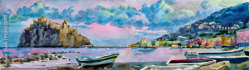 Seaview on Castello Aragonese. Beach in Ischia Italy. Wide web banner.
